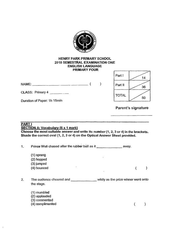 Henry Park P4 Eng WA2 2018 exam paper PDF first page preview