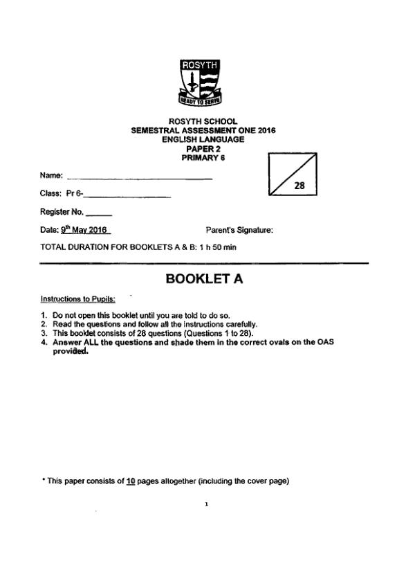 Rosyth P6 Eng WA2 2016 exam paper PDF first page preview