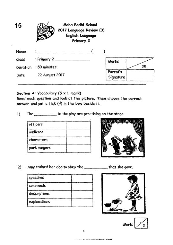Maha Bodhi P2 Eng WA3 2017 exam paper PDF first page preview