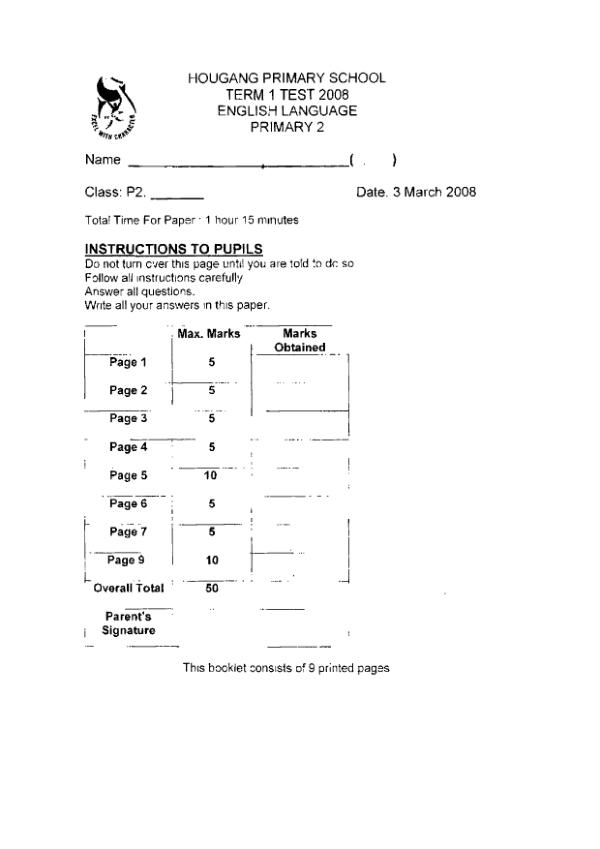 Hougang P2 Eng WA1 2008 exam paper PDF preview