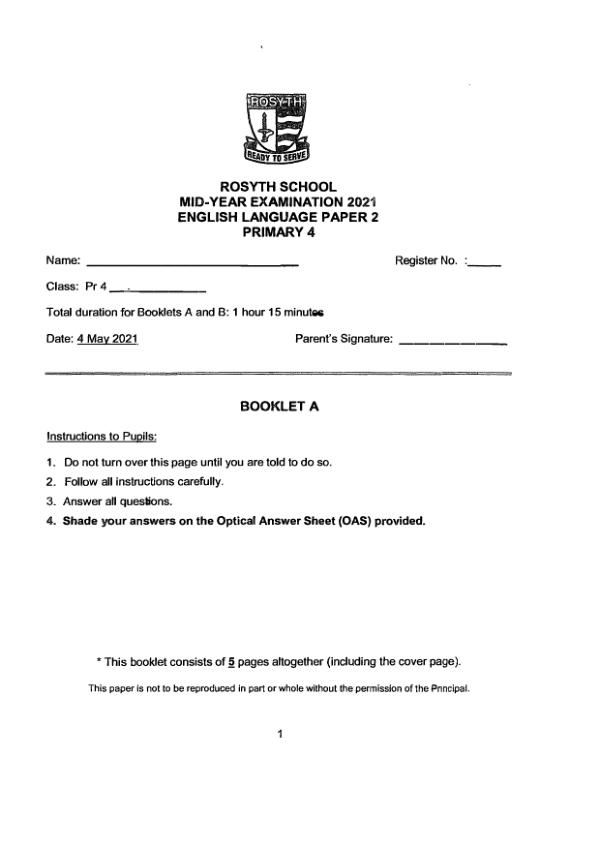 Rosyth P4 Eng WA2 2021 exam paper PDF first page preview