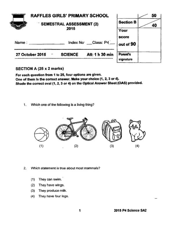 Raffles Girls P4 Sci SA2 2015 exam paper PDF first page preview
