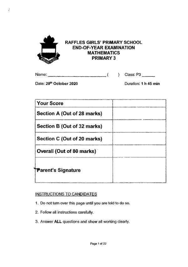 First page preview of P3 Math 2020 SA2 — Raffles Girls