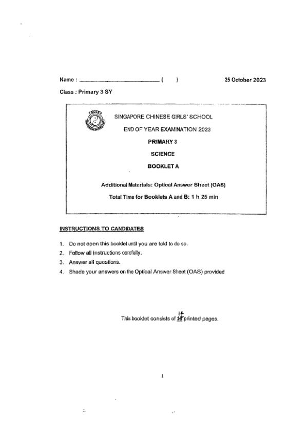 Singapore Chinese Girls P3 Sci SA2 2023 exam paper PDF first page preview