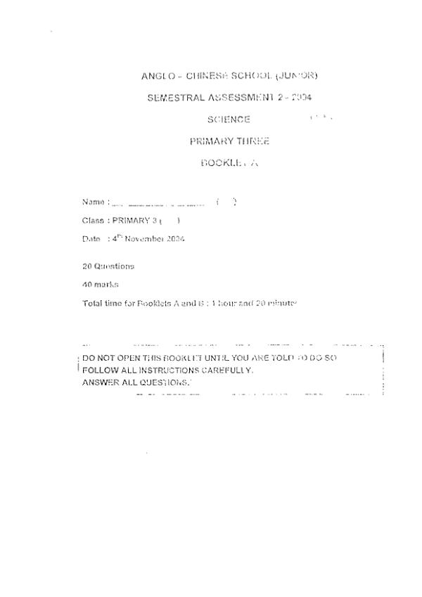 Anglo Chinese P3 Sci SA2 2004 exam paper PDF first page preview