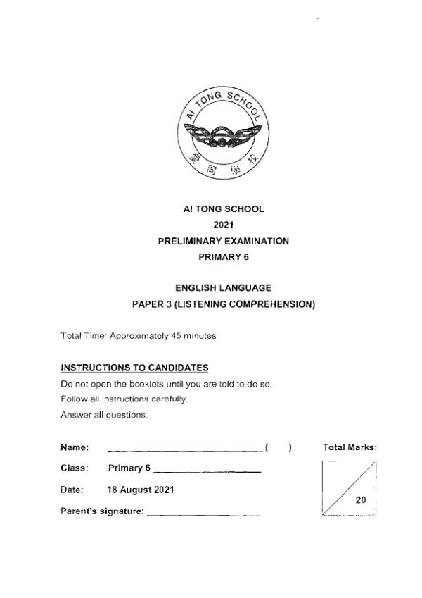 Ai Tong P6 Eng SA2 2021 exam paper PDF first page preview