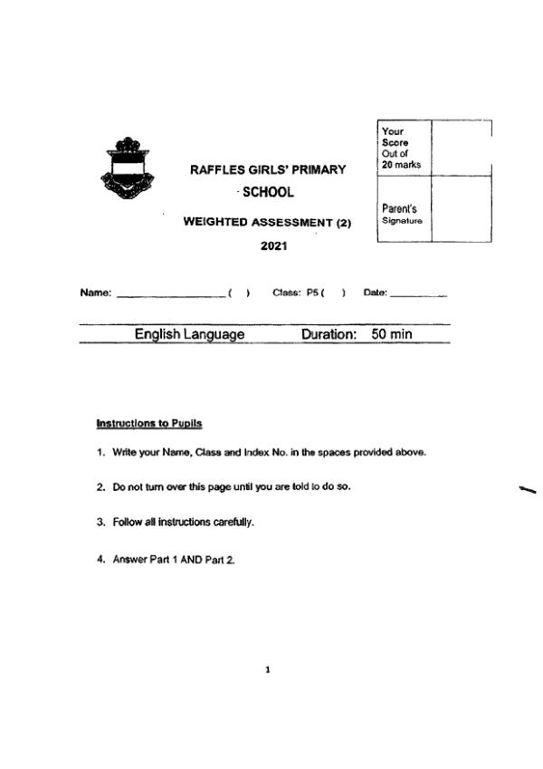 Raffles Girls P5 Eng WA2 2021 exam paper PDF first page preview