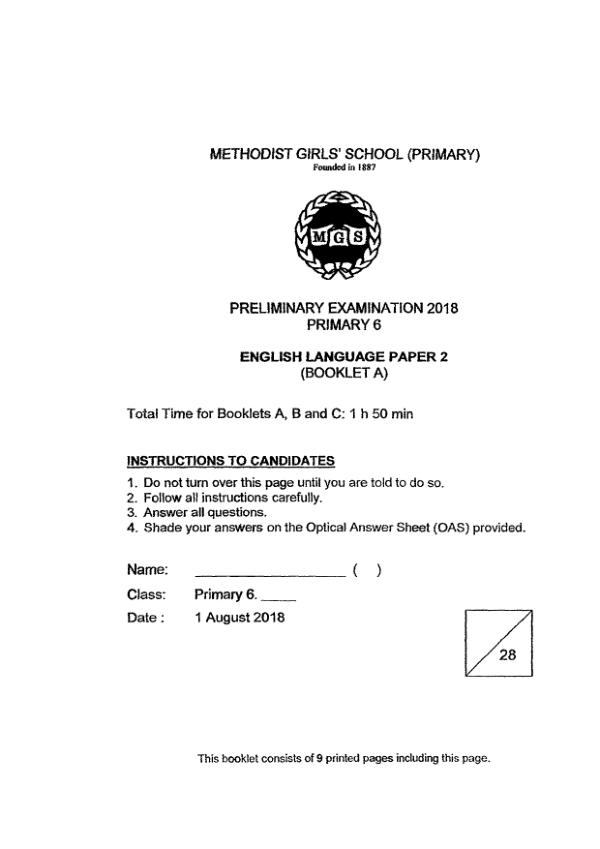 Methodist Girls P6 Eng SA2 2018 exam paper PDF preview