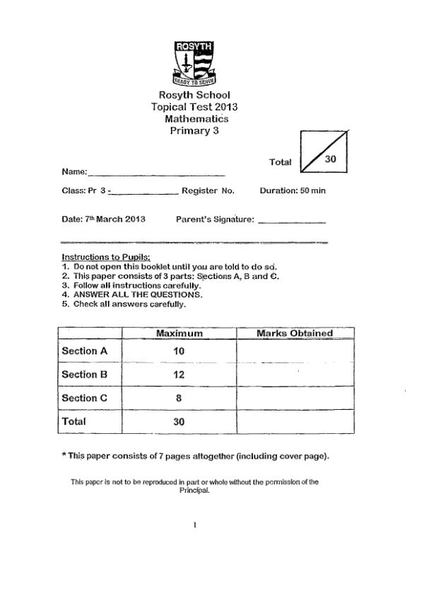 Rosyth P3 Math WA1 2013 exam paper PDF preview