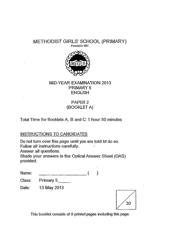 Methodist Girls P5 Eng WA2 2013 exam paper PDF preview