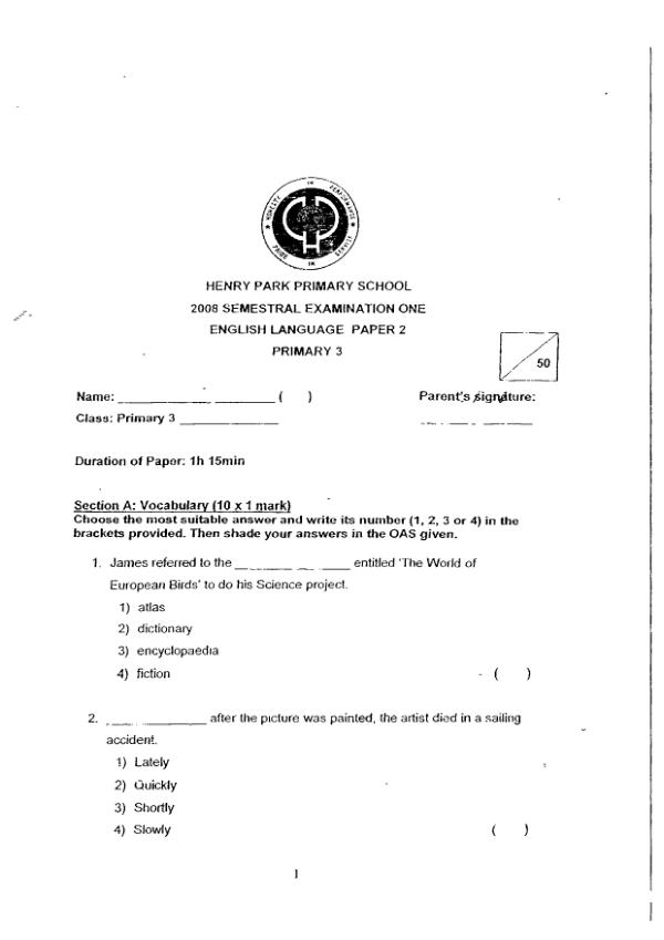 Henry Park P3 Eng WA2 2008 exam paper PDF first page preview