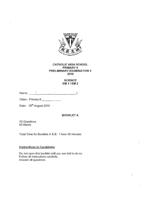 Catholic High P6 Sci SA2 2010 exam paper PDF preview