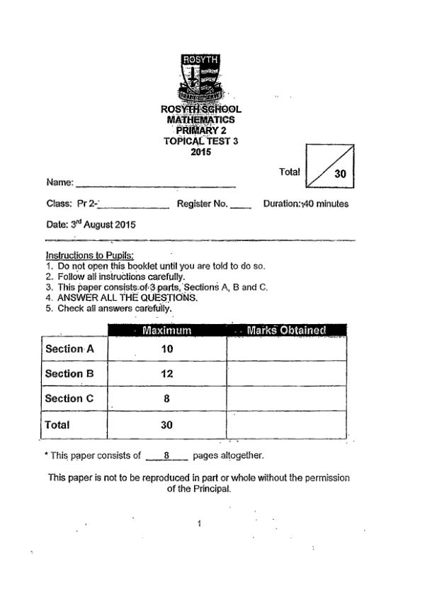 First page preview of P2 Math 2015 WA3 — Rosyth