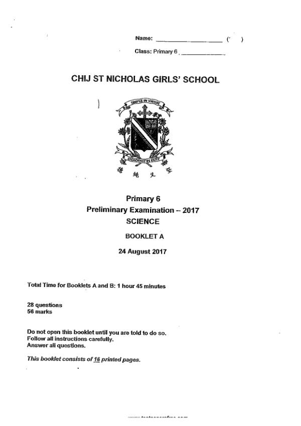 CHIJ P6 Sci SA2 2017 exam paper PDF first page preview