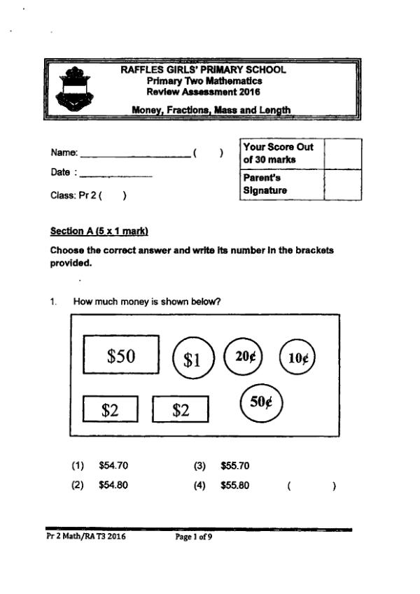 First page preview of P2 Math 2016 WA2 — Raffles Girls