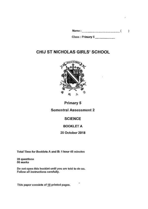 CHIJ P5 Sci SA2 2018 exam paper PDF first page preview