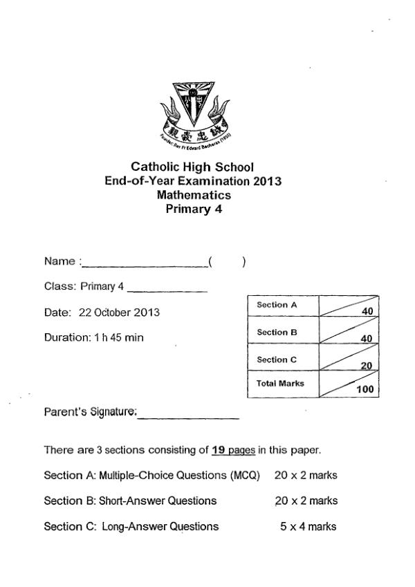 Catholic High P4 Math SA2 2013 exam paper PDF first page preview