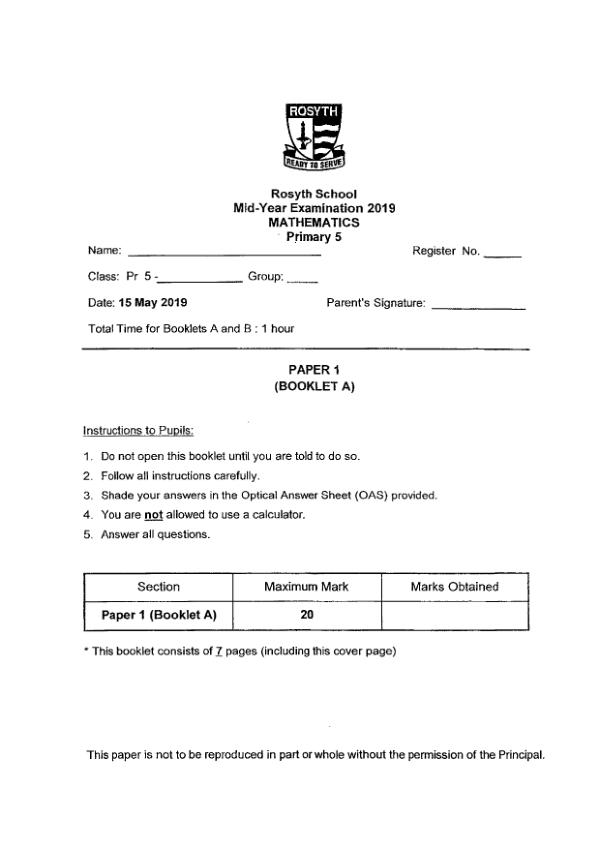 First page preview of P5 Math 2019 WA2 — Rosyth