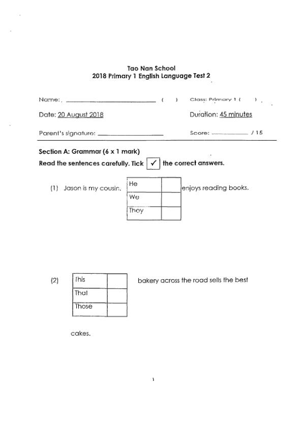 Tao Nan P1 Eng WA3 2018 exam paper PDF preview