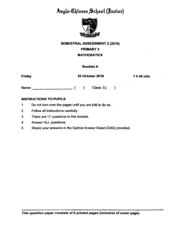 First page preview of P3 Math 2019 SA2 — Anglo Chinese