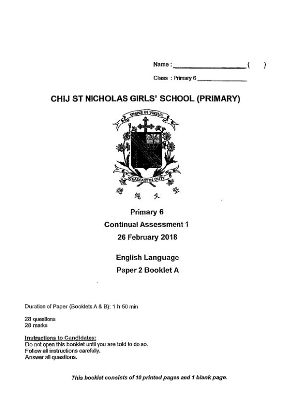 CHIJ P6 Eng WA1 2018 exam paper PDF first page preview