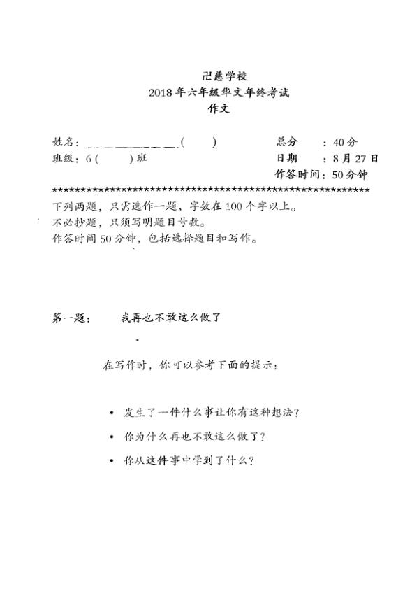 Red Swastika P6 Chi SA2 2018 exam paper PDF preview