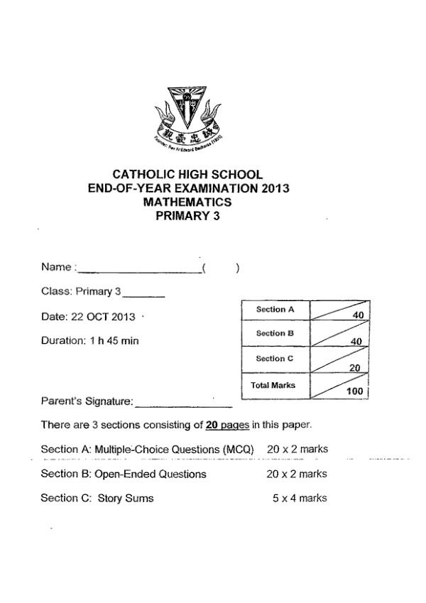 Catholic High P3 Math SA2 2013 exam paper PDF first page preview