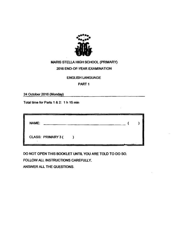 Maris Stella High P3 Eng SA2 2016 exam paper PDF first page preview