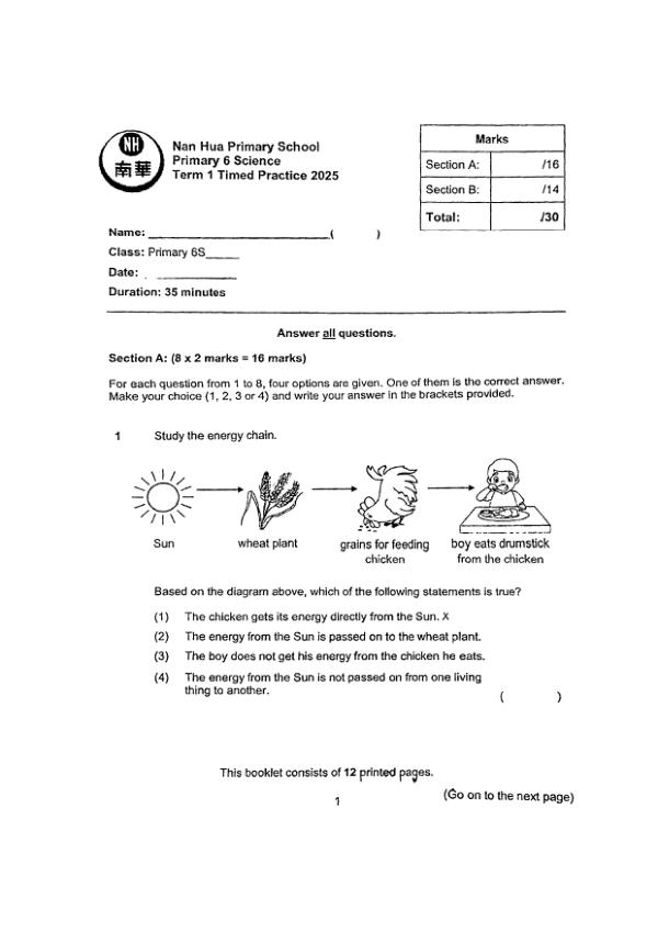 Nan Hua P6 Sci WA1 2025 exam paper PDF first page preview