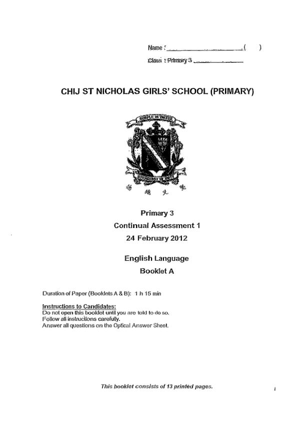CHIJ P3 Eng WA1 2012 exam paper PDF preview