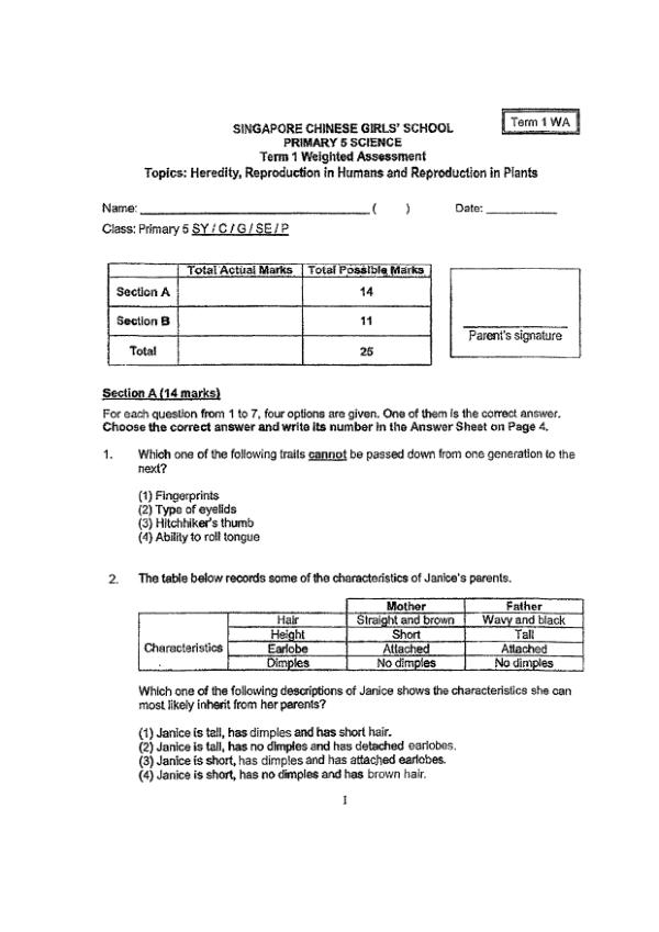 Singapore Chinese Girls P5 Sci WA1 2022 exam paper PDF first page preview