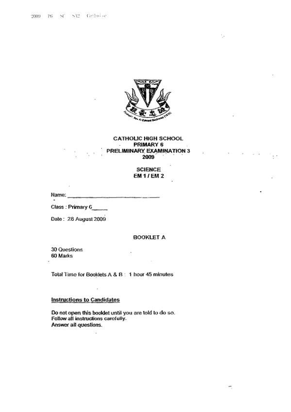Catholic High P6 Sci SA2 2009 exam paper PDF preview