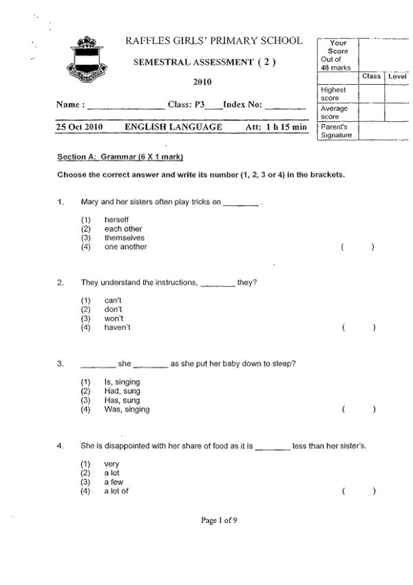 Raffles Girls P3 Eng SA2 2010 exam paper PDF first page preview