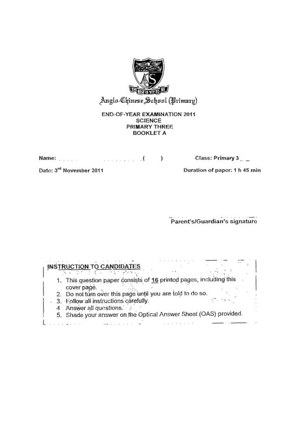Anglo Chinese P3 Sci SA2 2011 exam paper PDF preview