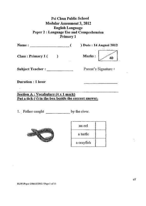Pei Chun P1 Eng WA3 2012 exam paper PDF first page preview