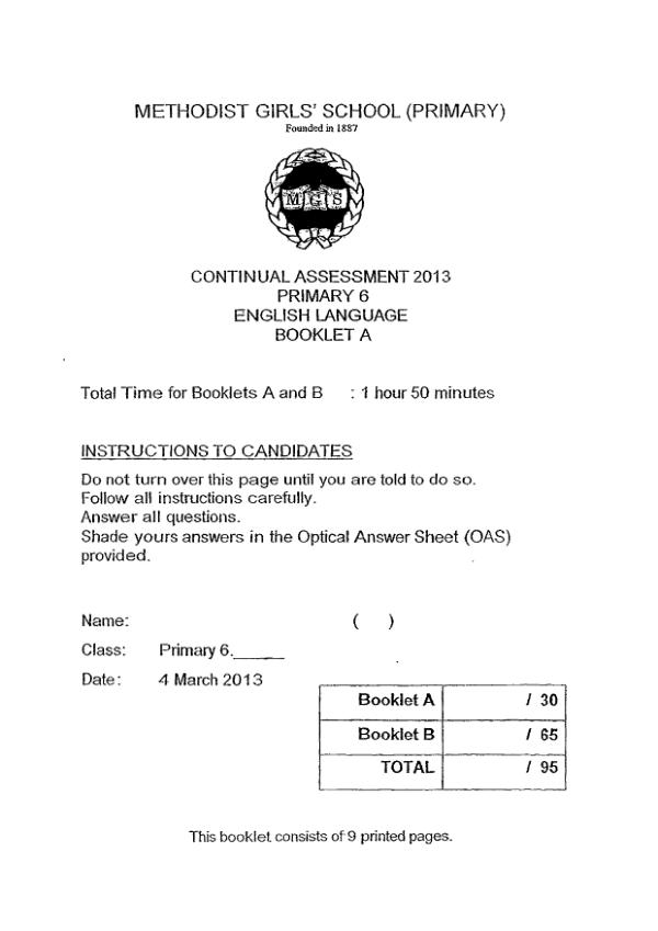 Methodist Girls P6 Eng WA1 2013 exam paper PDF preview