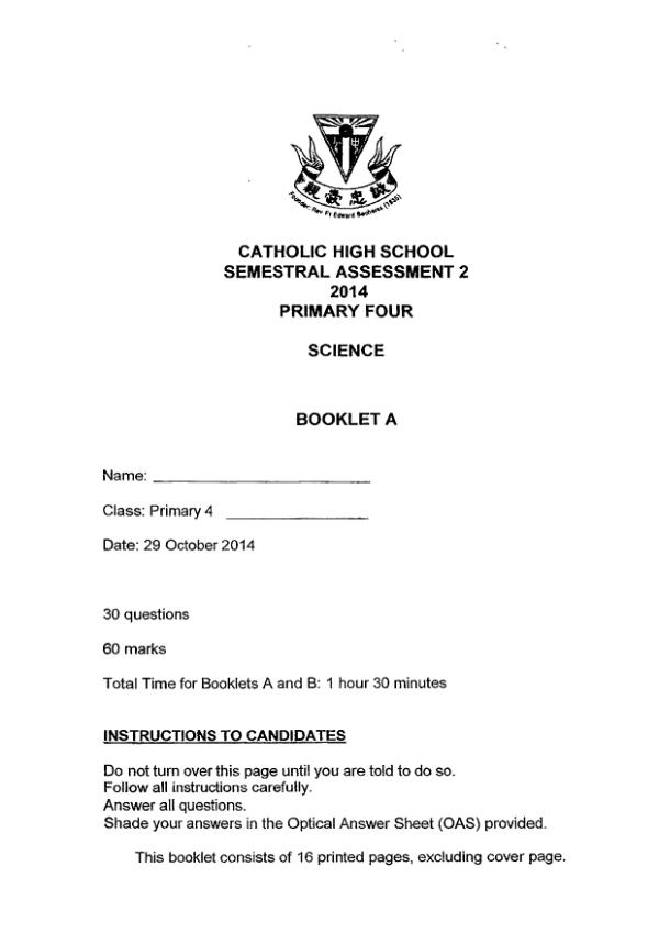 Catholic High P4 Sci SA2 2014 exam paper PDF first page preview