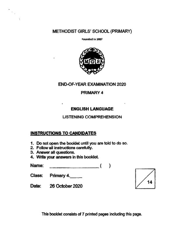 Methodist Girls P4 Eng SA2 2020 exam paper PDF first page preview