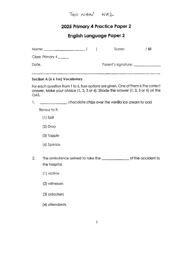 First page preview of P4 Eng 2025 WA2 — Tao Nan