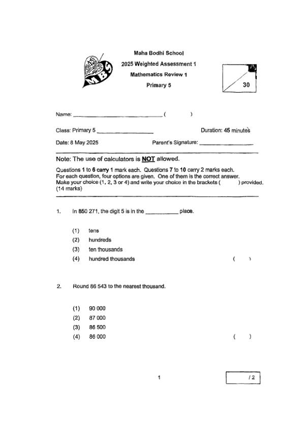 First page preview of P5 Math 2025 WA1 — Maha Bodhi