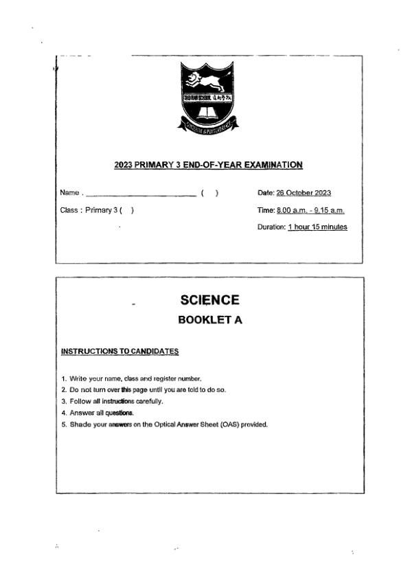 Tao Nan P3 Sci SA2 2023 exam paper PDF first page preview