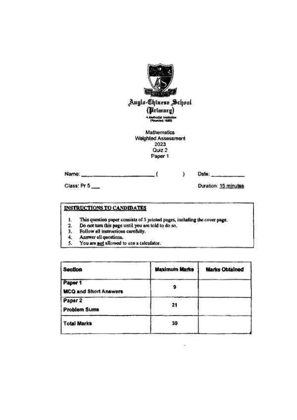 First page preview of P5 Math 2023 WA2 — Anglo Chinese