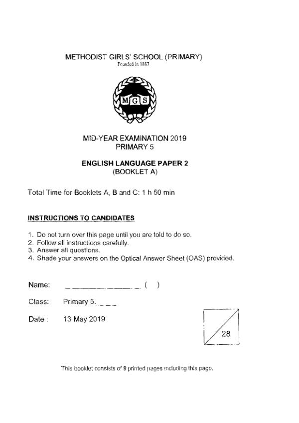 Methodist Girls P5 Eng WA2 2019 exam paper PDF first page preview