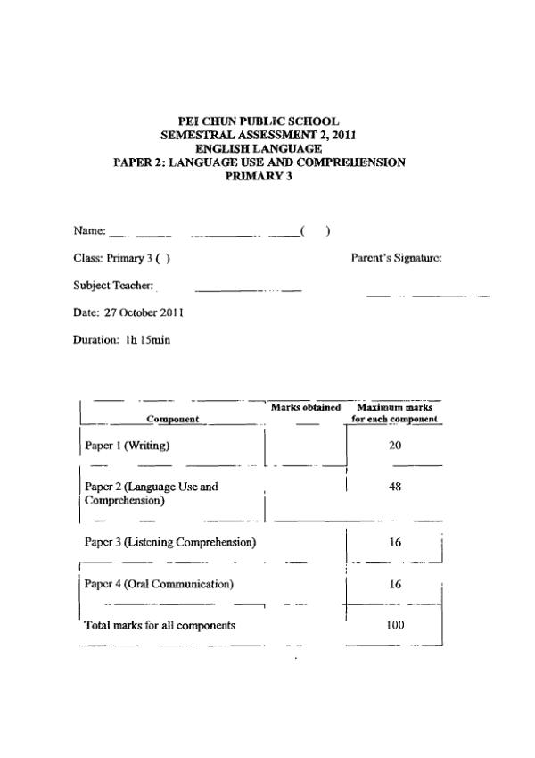 Pei Chun P3 Eng SA2 2011 exam paper PDF first page preview