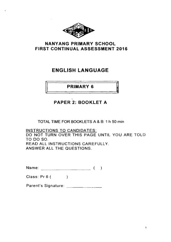 Nanyang P6 Eng WA1 2016 exam paper PDF preview