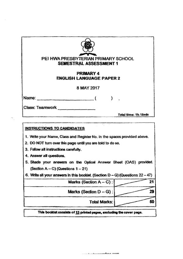 Pei Hwa P4 Eng WA2 2017 exam paper PDF first page preview
