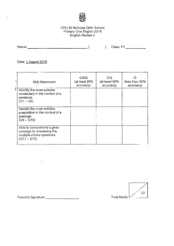 St Nicholas P1 Eng WA3 2018 exam paper PDF first page preview
