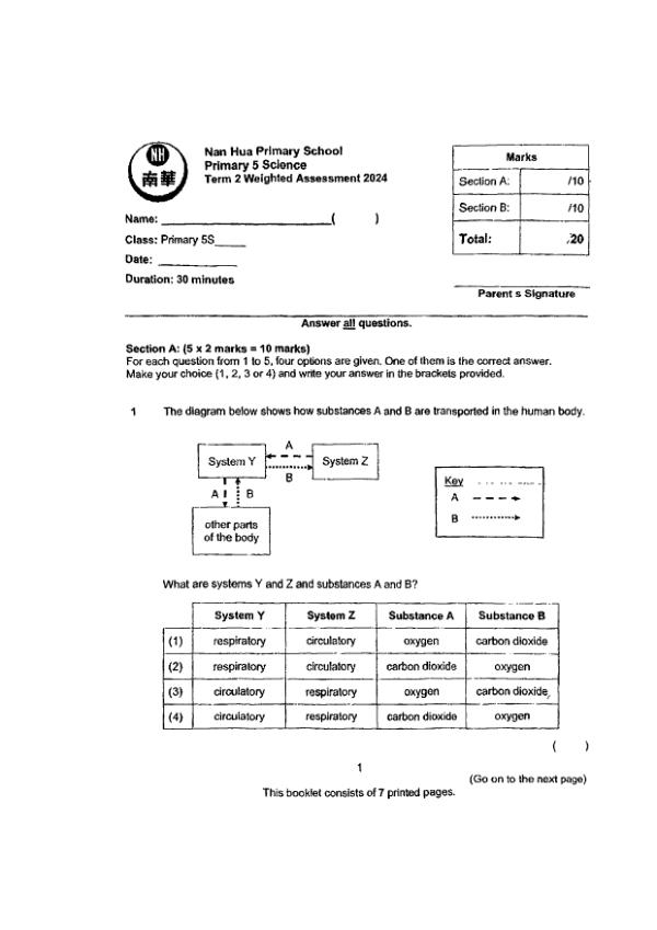 First page preview of P5 Sci 2024 WA2 — Nan Hua
