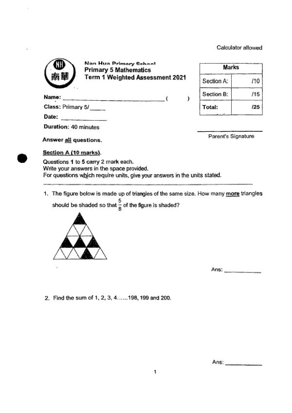 First page preview of P5 Math 2021 WA1 — Nan Hua