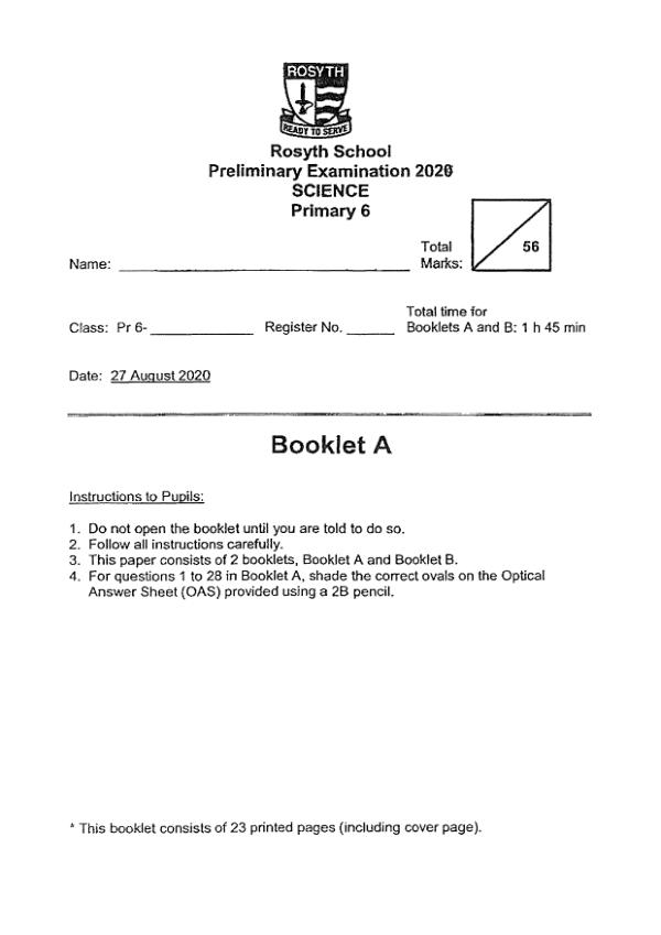 Rosyth P6 Sci SA2 2020 exam paper PDF preview